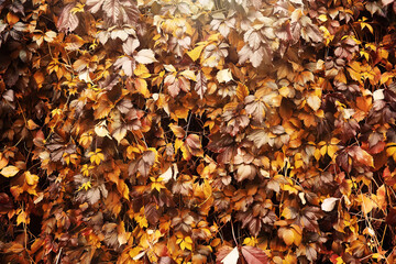 Lively closeup of falling autumn leaves with vibrant backlight from the setting sun