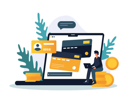 Male working with profile on laptop. Online banking, payment for purchases and services with different gadgets. Financial investments and services concept. Flat vector illustration