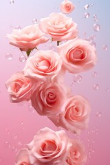 close up of rose flowers flying in the air, levitation,rainbow palete,white lighting on pink pastel background, copy space