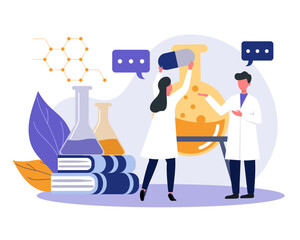 Lady and man in white coat working in laboratory. Scientists standing near test tubes and add reagents. Analysis and testing in laboratory. Flat vector illustration in blue and yellow colors