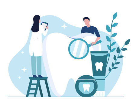 Young Male Examine Tooth With Magnifying Glass, Female In White Coat Holding Clipboard And Checking. Dentist Examining Teeth Quality. Flat Vector Illustration In Blue Colors In Cartoon Style