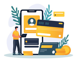 Male with laptop checking bank account. Online banking, payment for purchases and services with different gadgets. Financial investments and services concept. Flat vector illustration