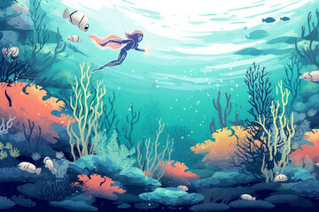 Fototapeta na wymiar illustration of children diving at the bottom of the sea