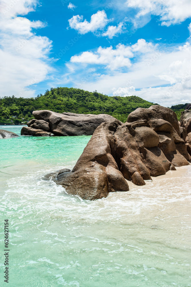 Poster granite rocks on baie lazare public beach, mahe island, seychelles.