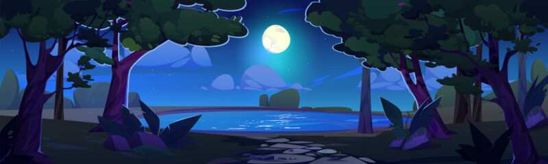 Fototapeta na wymiar Lake in forest and night starry sky cartoon landscape background. Fantasy vector halloween scenery at midnight with full moon, water in pond and tree. Wonderful midnight valley with light reflection