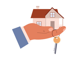 Fototapeta na wymiar Holding a house and key in hand, housing deal, property purchase, real estate agency, mortgage loan vector illustration