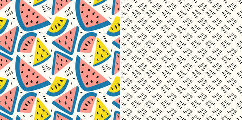 Seamless template with watermelon slices. Seamless vector template of pink and yellow watermelon slices with blue crusts in minimalist style for packaging and textile printing..Template with speckles.