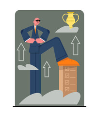 Man in office clothes finished work. Grow and success concept. Concept of deadlines, successful worker achieve goals by passing all stages of work and receiving trophy. Flat vector illustration