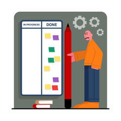 Male standing near tablet and making notes with done tasks. People succeed at work, dropping off all work assignments on time and noting plans and tasks. Flat vector illustration in cartoon style