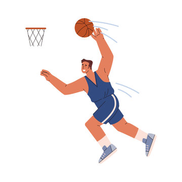 Basketball player man in a jump preparing to throw the ball into the hoop, cartoon sport vector isolated illustration