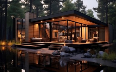 A frame house illuminated in the enchanting glow of the night amidst a serene forest setting. AI