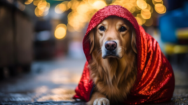 Festive Golden Retriever Pet in Santa Hat on Christmas Background. illustration generative ai