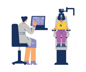 Vector cartoon illustration of ophthalmologist doctor check eyesight using computer, laser correction, vision treatment