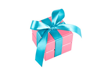  pink gift boxes with blue ribbon isolate