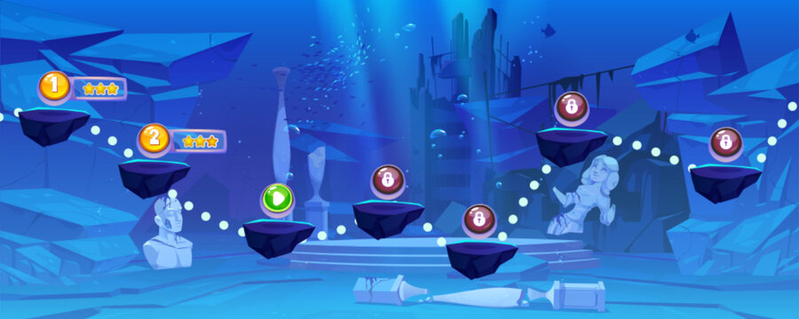 Underwater ocean game level map ui cartoon vector background. Deep undersea adventure score interface with building ruin, statue and rock. Blue seascape with sunken environment and platform to jump