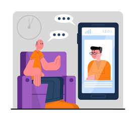 Male calling to friend online. Concept of friendship meetings. Meetings online and in real life. Modern communication technologies, messenger. Flat vector illustration in cartoon style