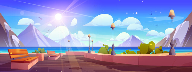 Cartoon ocean embankment promenade landscape scene. Seaside cartoon nature panoramic background with lantern, bench and sea water. on sunny day. Beautiful scandinavian waterfront exterior to walk © klyaksun