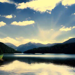 해가 돋는 산과 호수