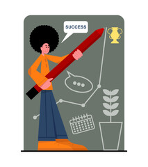Man holding pencil and make plan. Handsome employees move up career ladder and achieve goals by successfully completing tasks. Flat vector illustration in cartoon style