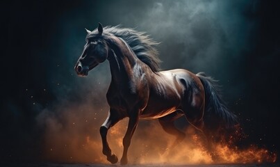 Obraz na płótnie Canvas A striking black background sets the stage for a powerful fiery horse. Creating using generative AI tools