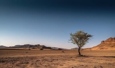 A solitary tree amidst the barren desert landscape