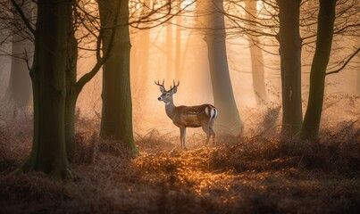 A stunning winter scene of a young deer in a misty forest at sunrise. Creating using generative AI tools