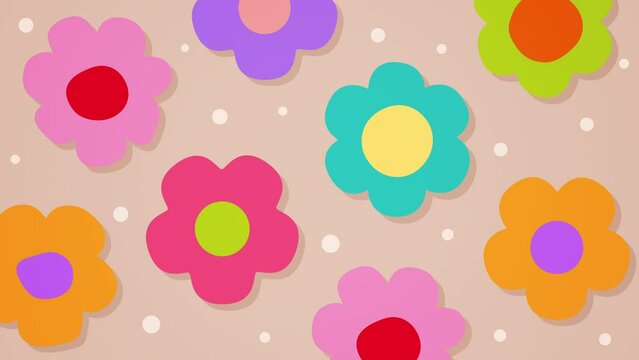 Colorful, simple, flat, 2D, retro flowers animation looping background.
