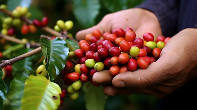 Ein stolzer Bauer h&auml;lt frisch geerntete Kaffeebohnen auf einer sonnenbeschienenen Plantage mit Kaffeepflanzen im Morgentau