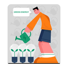 Young male watering bulbs. Energy consumption in household. Characters using energy efficient devices. Power save concept. Flat vector illustration in cartoon style