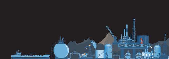 Gas and oil industry extraction platform Banner with Outbuildings, Oil storage tank. Poster Brochure Flyer Design. Vector Illustration EPS10