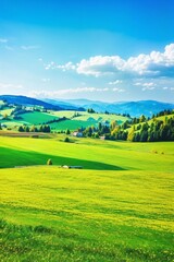 Fototapeta na wymiar beautiful countryside of Romania sunny. Green spring field panorama. Summer landscape image of field and mountain. wallpaper. Illustration. Generative AI.