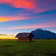 A beautiful AI Generated landscape of a small hut during a serene sunset over a vast open field with mountain background.