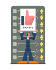 Man holding approval placard with checklist on background. Concept of deadlines, successful worker achieve goals by passing all stages of work and receiving trophy. Flat vector illustration