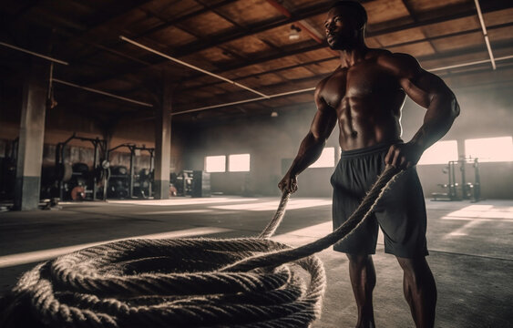 men fitness male sport gym strength exercising health rope athletic muscular. Generative AI.