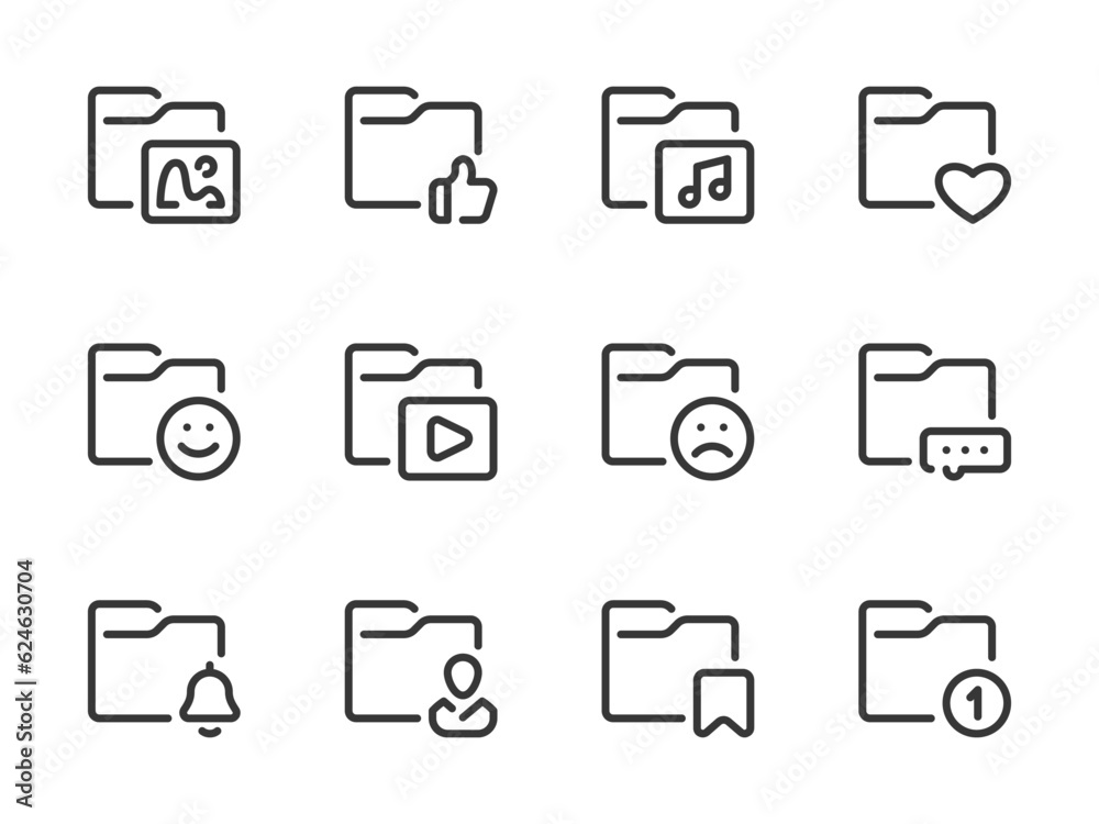 Poster folder configurations and data directory vector line icons. archive of files and documents outline i