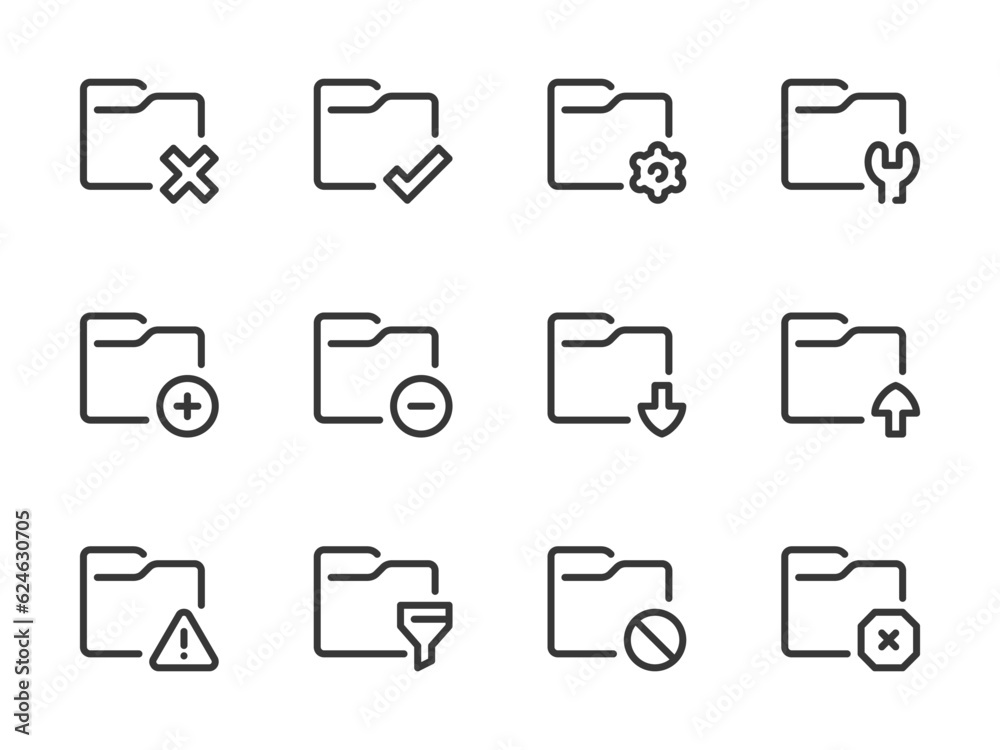 Poster folder configurations and data directory vector line icons. archive of files and documents outline i