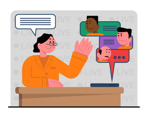 Adult lady calling to different workers. Colleagues meet and talk about work stuff. Modern communication technologies, messenger. Communication at distance, video call. Flat vector