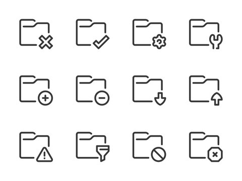 Folder configurations and Data directory vector line icons. Archive of Files and Documents outline icon set.