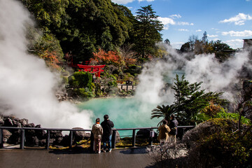 Hells of Beppu named Umi Jigoku or sea hell, Japanese hot spring spots in Oita, displaying steaming...