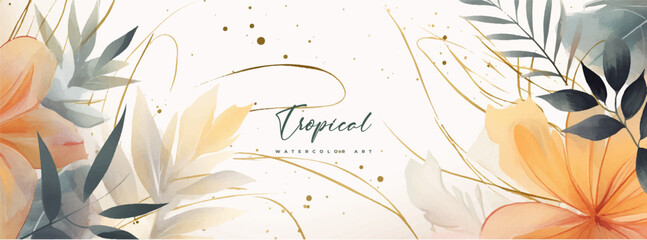 Abstract art gold tropical leaves background vector. Luxury wallpaper with watercolor, tropical leaf framed, palm leaf, flower,Vivid foliage, exotic green and gold brush glitter.