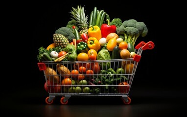 A shopping cart filled with lots of different types of vegetables. AI