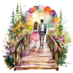 A rustic outdoor wedding, where the groom is carrying the bride over a wooden bridge, with trees and flowers in the background watercolor