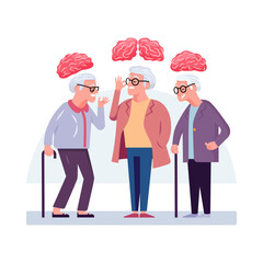 Elderly women have brain problems, Alzheimer's disease, Mental health, Flat style cartoon vector.
