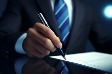 Businessman use pen to tick correct sign mark in checkbox for quality document control checklist and business approve project concept with Generative AI technology.