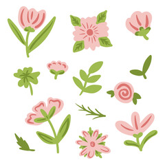 Minimalistic pink spring florals vector illustration set. Cartoon simple flowers, leaves, brunches, plants