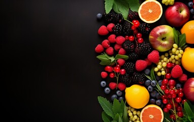 A colorful assortment of fresh fruits is displayed on a wooden table. AI