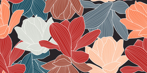 Floral Seamless Pattern in Trendy Linear Style. Floral Minimalist Background. Seamless Pattern with Flowers. Flowers Line Art Pattern for Surface Design, Fabric, Decor, Invitation, Textile.