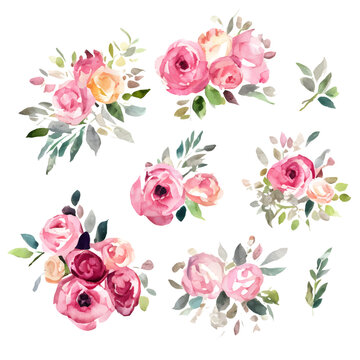 Retro roses, set watercolor flowers painting, floral vintage bouquets illustrations. Decoration for poster, greeting card, birthday, wedding design. Isolated on white background.