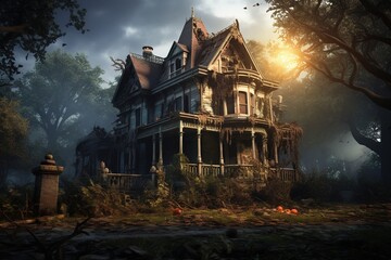 Spooky Victorian house designed for Halloween in the United States. Halloween Background. Generative AI