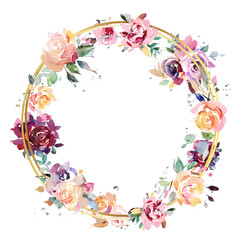 Retro circle wreath with leaves, watercolor roses, flowers. Vintage Template. wreath, round frame